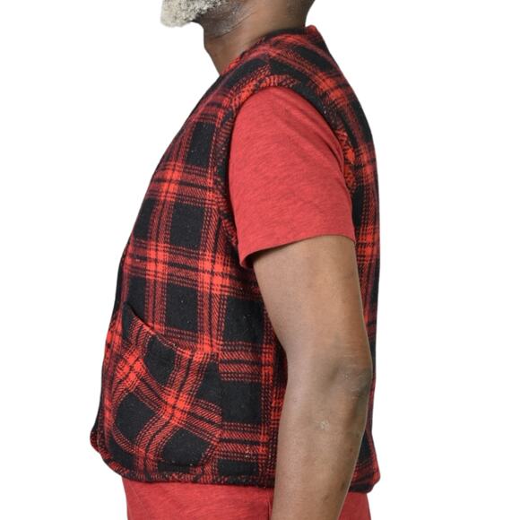 Vintage Flannel Vest Red Buffalo Plaid Sherpa Zip Front Fleece Wool Retro Large - Picture 3 of 12